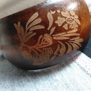 Vintage Carved Wood Bangle Floral Design Wide Bracelet VTG